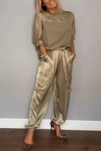 Satin Gloss Drawstring Waist-Defining Wide-Leg Workwear Set