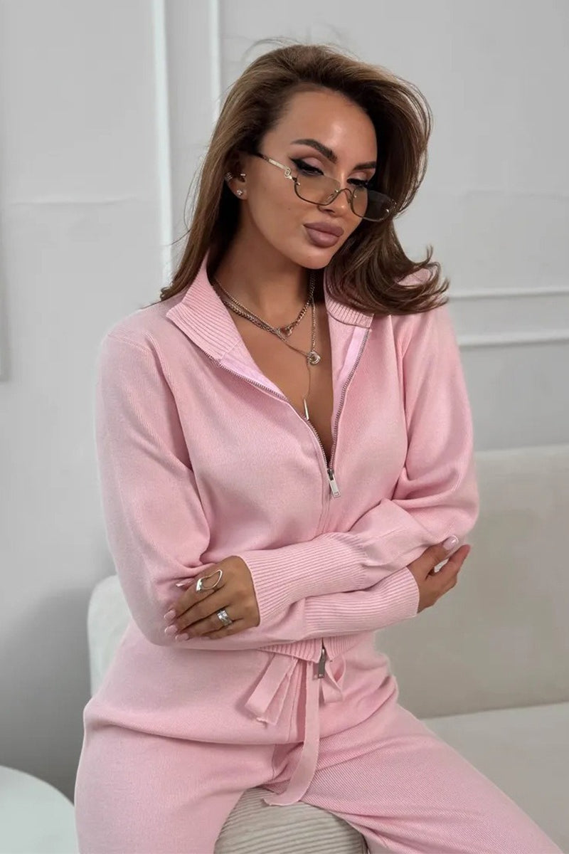 Two-Way Zipper Fitted Knit Commuter Two Piece Set