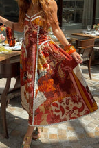Unique Printed Floral Trim Suspender Side Tie Vacation Midi Dress