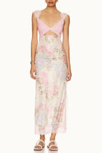 Lace Patchwork Strap Backless Slit Maxi Floral Dress