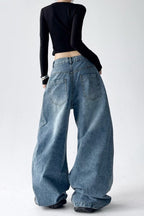 Relaxed Fit Letter Print Draping Curved Leg Jeans