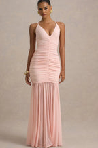 Patchwork V Neck Ruched Backless Maxi Dress