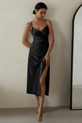 Satin V-Neck Ruched Waist Cami Bodycon Maxi Dress