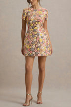 80's Inspired Floral Print Sequin Short Sleeve Stretch Mini Dress