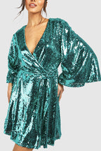 Solid Color Loose Sequined V-neck Tie Mini Dress