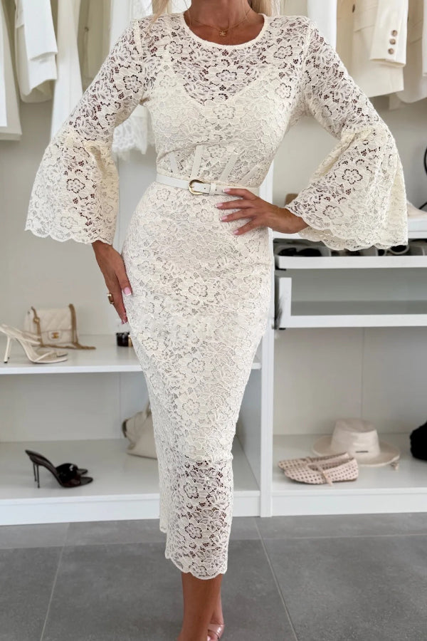 A Delicate Day Floral Lace Long Flared Sleeve Pencil Midi Dress Including Lining