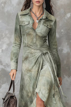 Fashionable Tie Dye Long-sleeved Slim-fit Tie-waist Irregular Maxi Dress