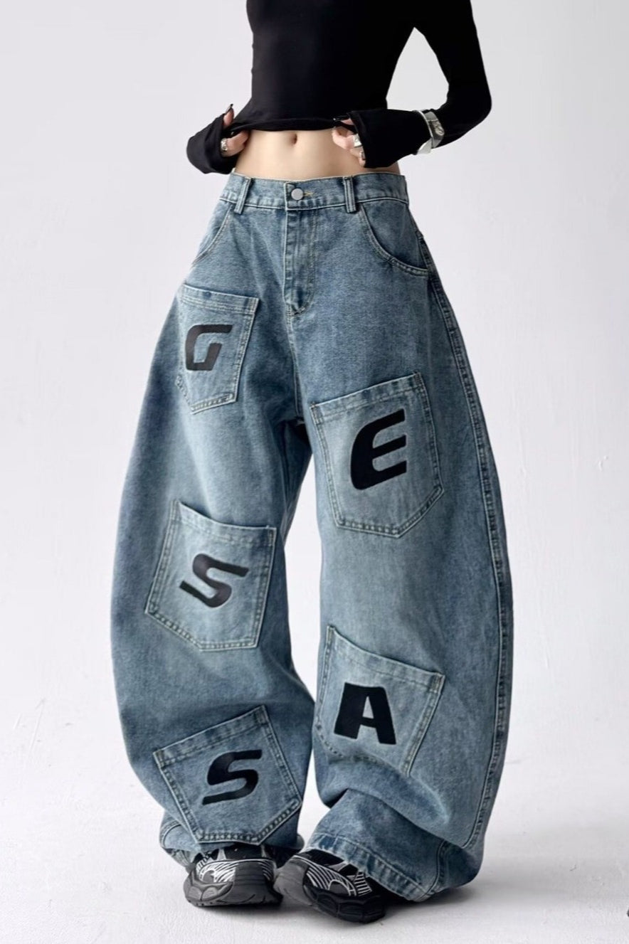 Relaxed Fit Letter Print Draping Curved Leg Jeans