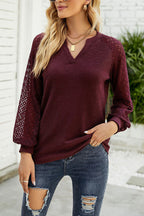 Waffle Grace Stitching Long Sleeve V-Neck T-Shirt Top Women