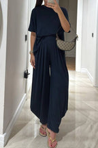 Light Grey Casual Top and Wide-leg Pants Set