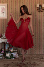 Deep V 3D Floral Sheer Midi Party Dress