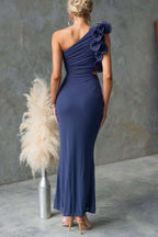 Fashionable Mesh Sleeveless One-shoulder Waist-revealing Maxi Dress