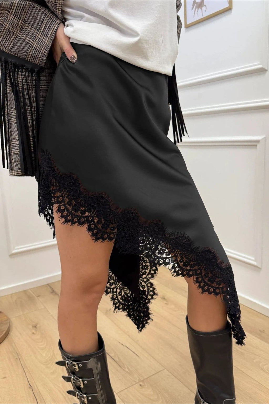 Satin Lace Asymmetric Split Slim A-Line Mini Skirt