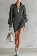Fashionable Loose-fitting Long-sleeved Collared Zip-up Casual Knitted Mini Dress