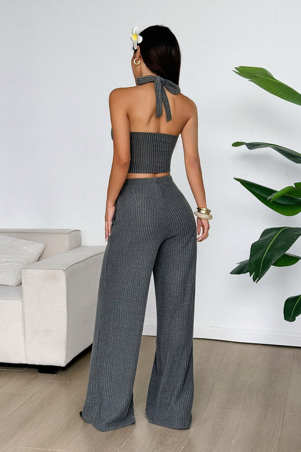 Solid Color Halter Tank Top Straight Leg Pants Set