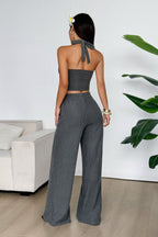 Solid Color Halter Tank Top Straight Leg Pants Set