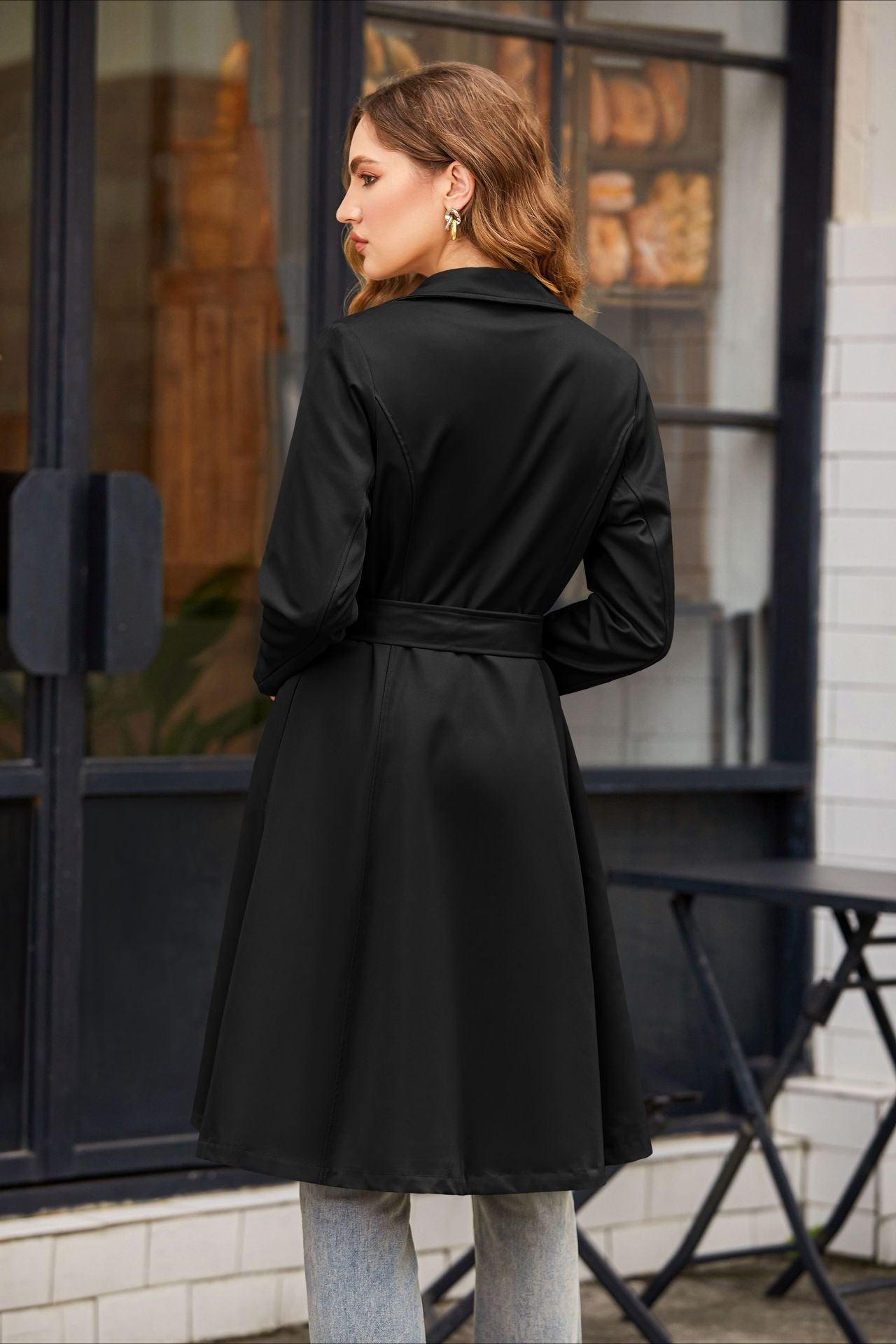 Slim Tie Waist Mid-Length Pocket Trench Coat