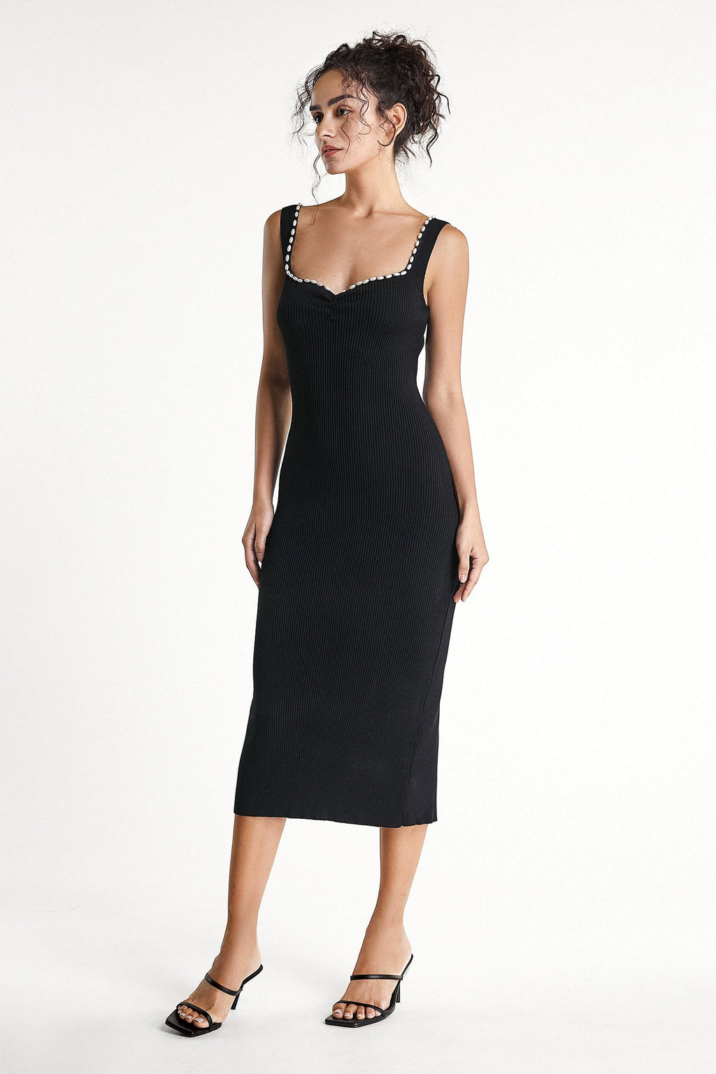 Black Faux-Pearl Trim Sweetheart Neck Knit Bodycon Midi Dress