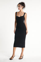 Black Faux-Pearl Trim Sweetheart Neck Knit Bodycon Midi Dress