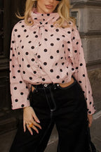 Polka Dot Print Loose Stand Collar Button Bow Tie Casual Long-sleeved Jacket