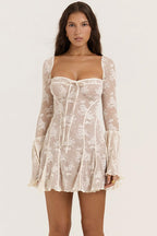 Tie Waist Bell Sleeve A Line Lace Dress