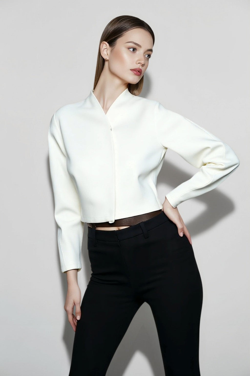 Chic White Boucle Cropped V Neck Coat