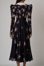 Flared Vintage Print Slim Waist Floral Maxi Dress