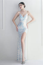 Iridescent Sequin Slit Bodycon Maxi Dress