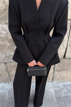 Black VNeck Ruched Waist Blazer