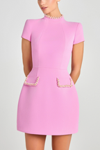 Sweet and Elegant Scent Pearl Trim Short Sleeve Pocketed Mini Dress
