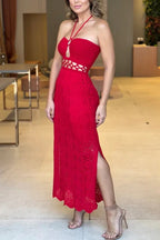 Avena Crochet Knit Cutout Waist Halter Texture Slit Maxi Dress