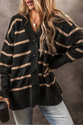 Black Stripe Buttoned V Neck Drop Shoulder Loose Cardigan