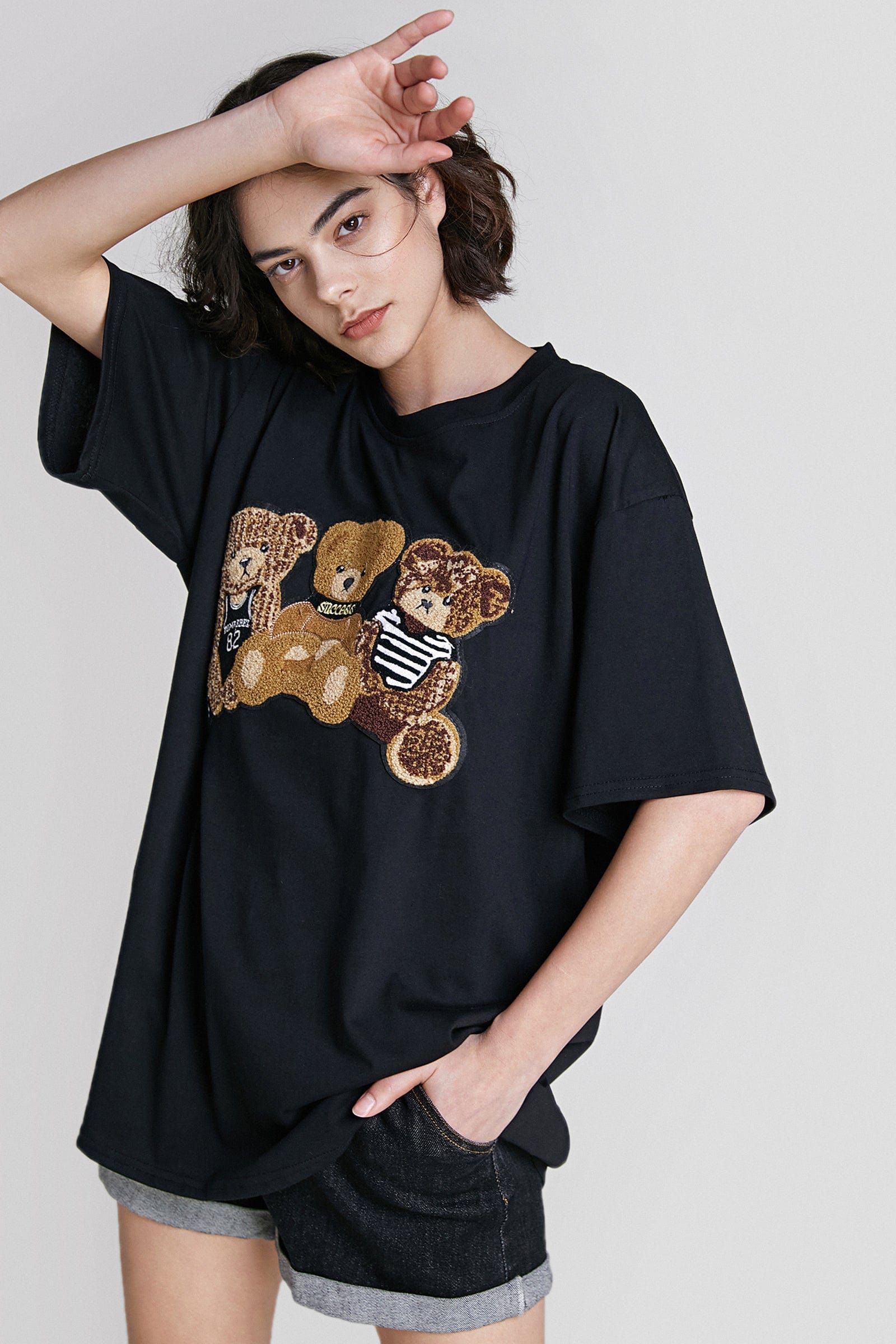 Black Teddy Bear Embroidered T-Shirt