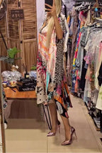 Graffiti Print Leopard Trim V-Neck Loose Dress