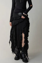 Asymmetric Wool Blend Black White Maxi Skirt