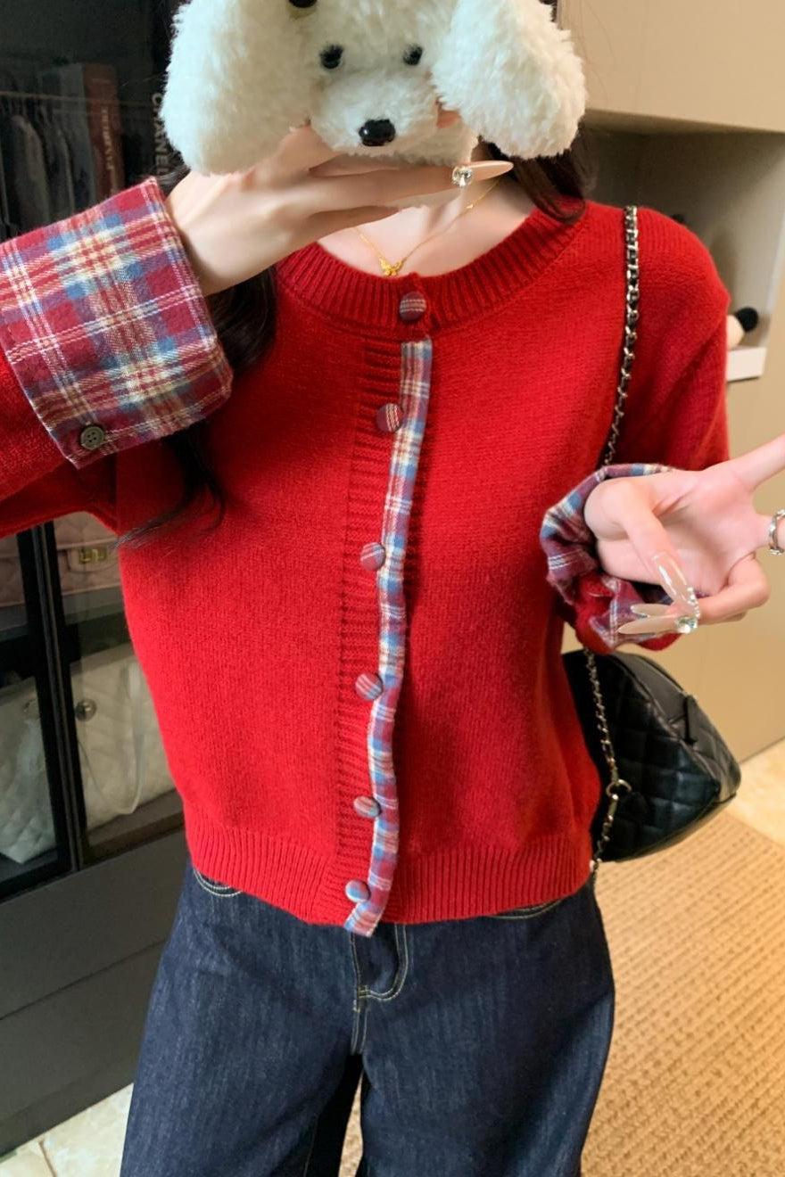 Red Plaid Contrast Round Neck Cardigan