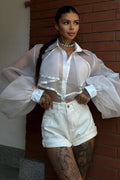 Sheer Lantern-Sleeve Collared Ruffled Blouse
