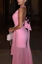 Elegant V-neck Sleeveless Pleated Ribbon Mesh Hem Maxi Dress
