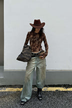 Leopard Print Flocked Slim Long-Sleeve Blouse