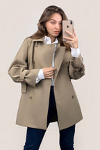 Khaki Double-Breasted Belted Short Trench Coat