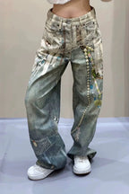 Lace Pearl Chain Printed Vintage Washed Casual Jeans