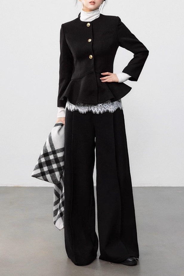 Black Pleated Waist Elegant Wool Coat