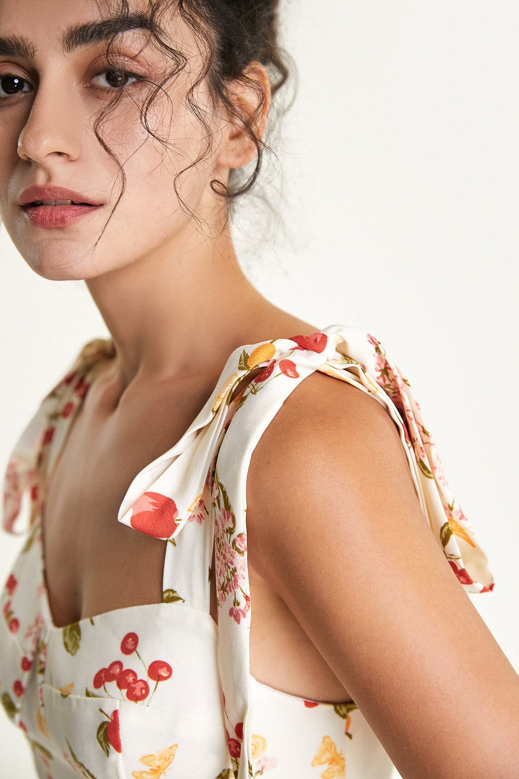 Ivory Fruit Print Tie Strap Mini Dress
