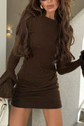 Solid Color Round Neck Bell Sleeve Slim Knit Mini Dress