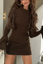 Solid Color Round Neck Bell Sleeve Slim Knit Mini Dress