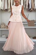 Relaxed and Elegant Round Neck Button Up Belted Pocket Loose Vest