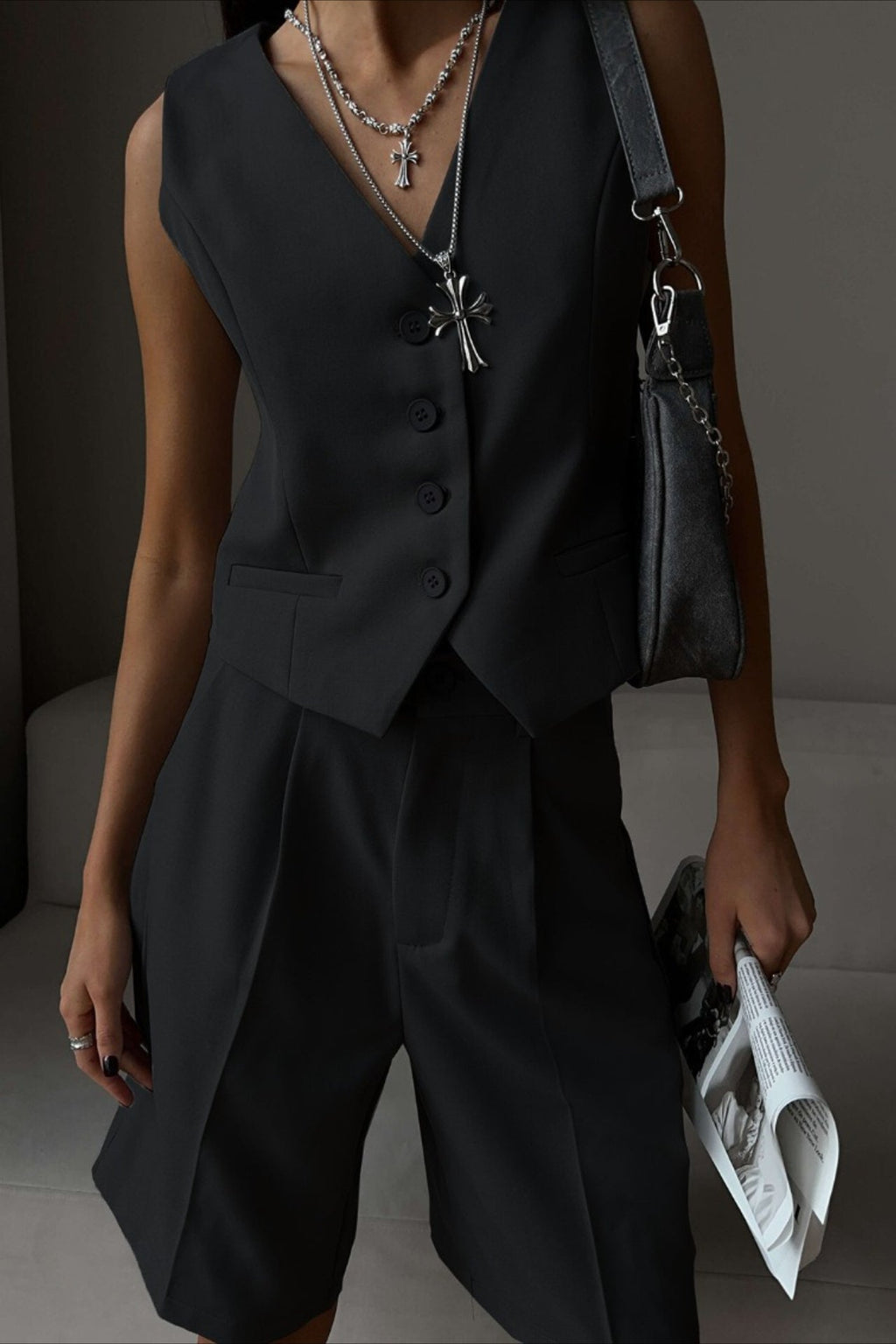 Casual V Neck Single Breasted Two Piece Vest Shorts Set