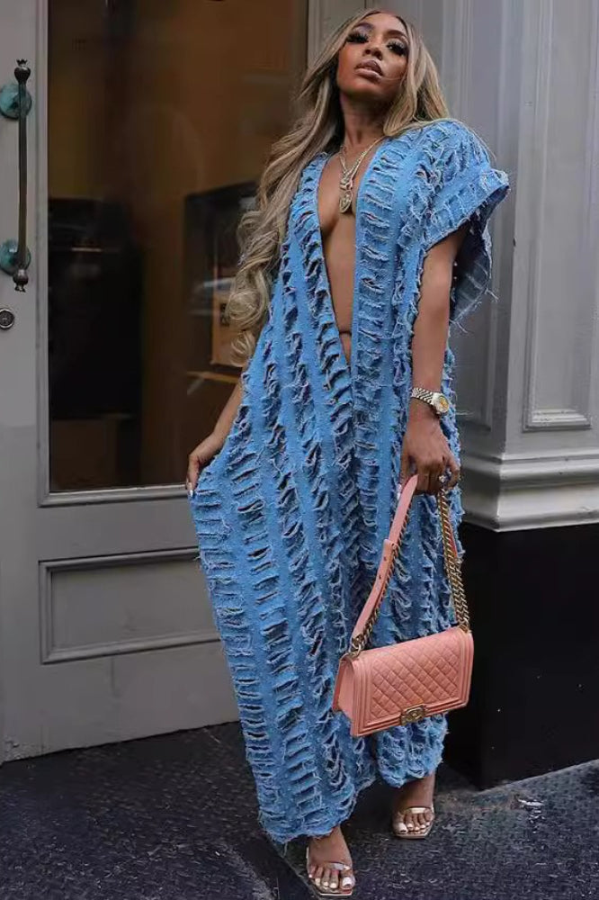 Distressed Denim Deep V Baggy Wide Leg Jumpsuit