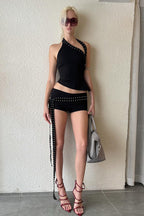 Chic Asymmetric Shoulder Slim Shorts Two Piece Set