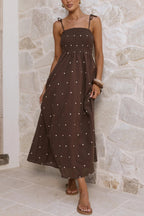 Fashionable Polka Dot Print Suspender High-waisted Pleated Casual Maxi Dress